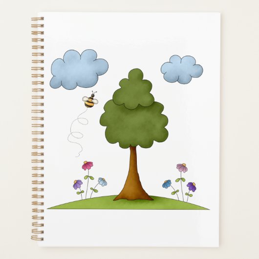 Bee and Tree Natuur Scene met Bloemen en Wolken Planner (Voorkant)