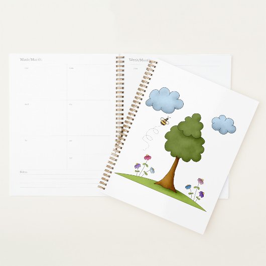 Bee and Tree Natuur Scene met Bloemen en Wolken Planner