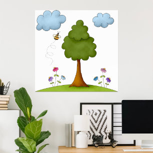 Bee and Tree Natuur Scene met Bloemen en Wolken Poster