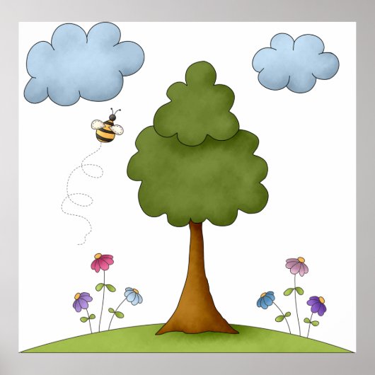 Bee and Tree Natuur Scene met Bloemen en Wolken Poster (Voorkant)