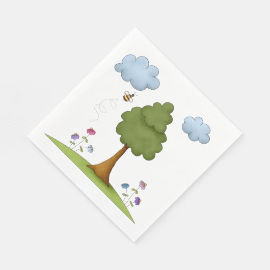 Bee and Tree Natuur Scene met Bloemen en Wolken Servet (Hoek)