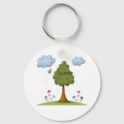 Bee and Tree Natuur Scene met Bloemen en Wolken Sleutelhanger (Achterkant)
