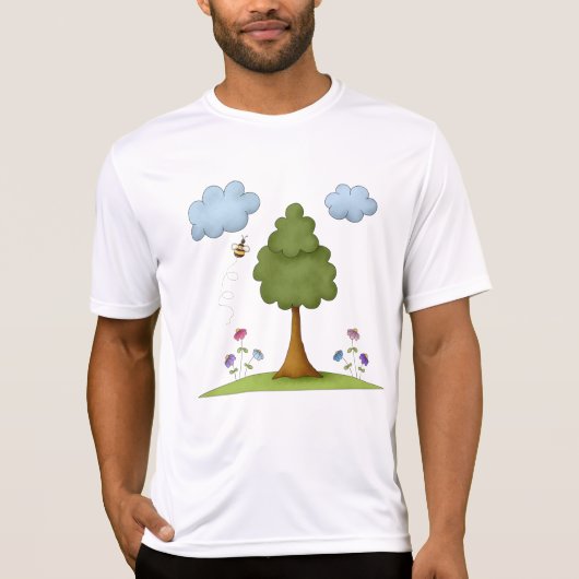 Bee and Tree Natuur Scene met Bloemen en Wolken T-shirt (Voorkant)