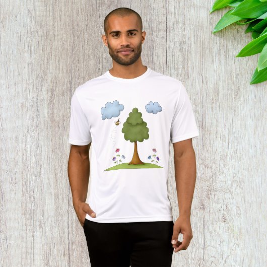 Bee and Tree Natuur Scene met Bloemen en Wolken T-shirt