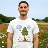 Bee and Tree Natuur Scene met Bloemen en Wolken T-shirt