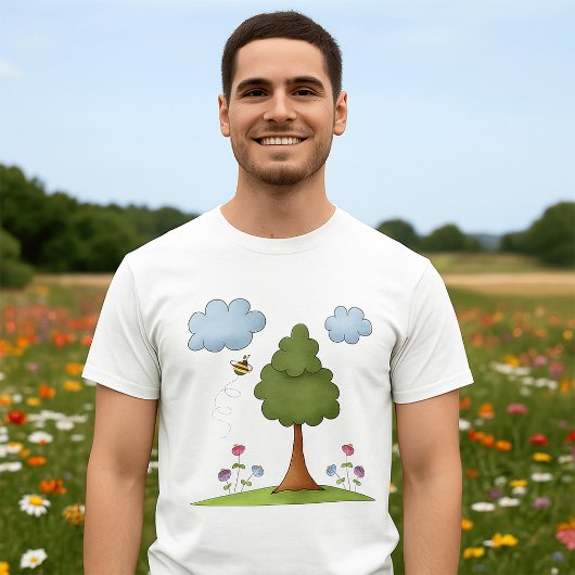 Bee and Tree Natuur Scene met Bloemen en Wolken T-shirt