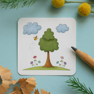 Bee and Tree Natuur Scene met Bloemen en Wolken Vierkante Sticker
