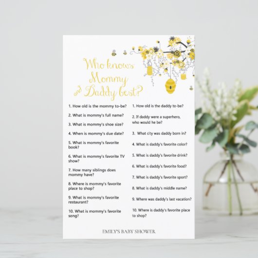 Bee Baby shower Game - Wie kent vader en moeder (Staand voorkant)