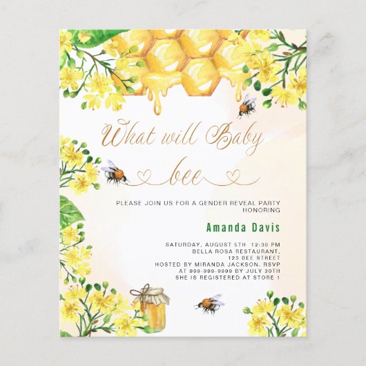 Bee Baby shower geel bloemengender onthullen budge (Voorkant)