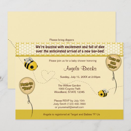 BÈE Baby shower Invitation - Kute as can "bee" Kaart (Voorkant / Achterkant)