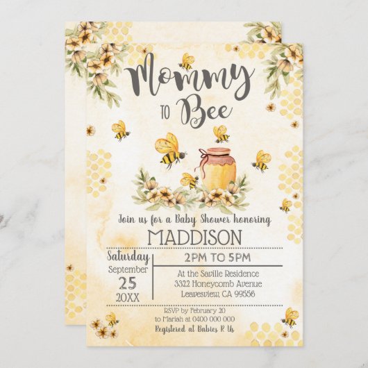 Bee Baby Shower Invitation Mommy to Bee Kaart (Voorkant / Achterkant)