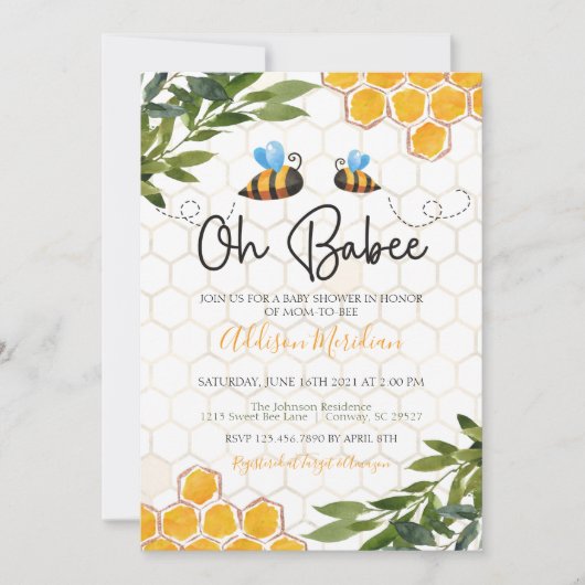 Bee Baby shower Invitation, Oh Honey Babee Neutral Kaart (Voorkant)