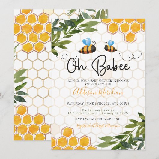Bee Baby shower Invitation, Oh Honey Babee Neutral Kaart (Voorkant / Achterkant)
