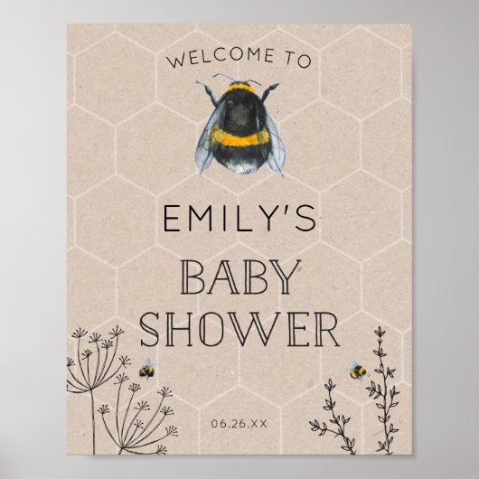Bee Baby shower Natural Welcome Sign Poster