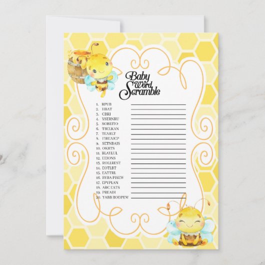 Bee Baby shower Word Scramble spel Kaart (Voorkant)