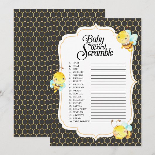 Bee Baby shower Word Scramble spel Kaart (Voorkant / Achterkant)