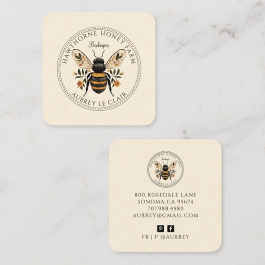 Bee Beekeeper Honey Apiary Business Card Vierkante Visitekaartje (Voorkant / Achterkant)
