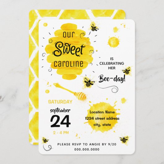 BEE Birthday Party Invitation Honey Bee day yellow Kaart (Voorkant / Achterkant)