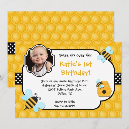 Bee Birthday Party Kaart (Voorkant / Achterkant)