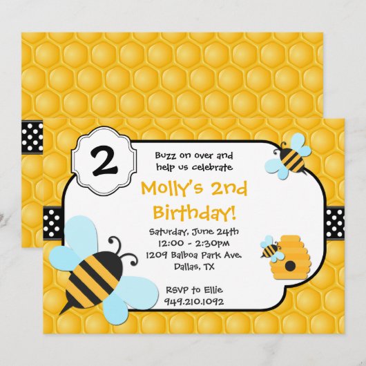 Bee Birthday Party Kaart (Voorkant / Achterkant)