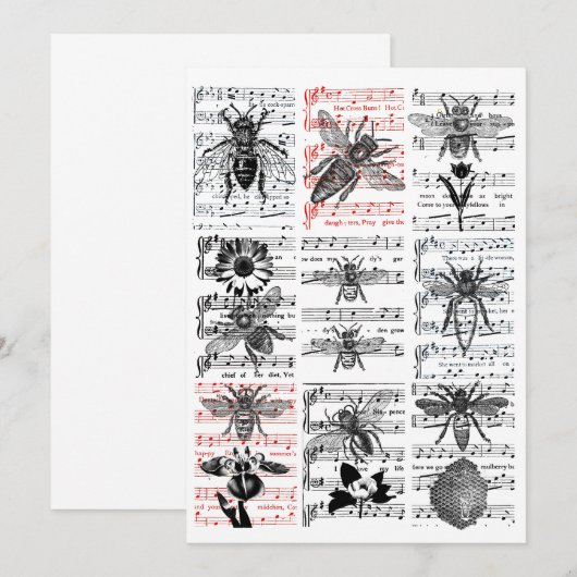 Bee bloemen Blad Muzieknotities Collage Art Bedankkaart (Voorkant / Achterkant)