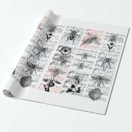 Bee bloemen Blad Muzieknotities Collage Art Cadeaupapier