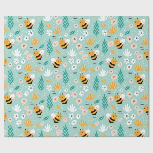 Bee bloemen bladeren cadeaupapier (Vlak)