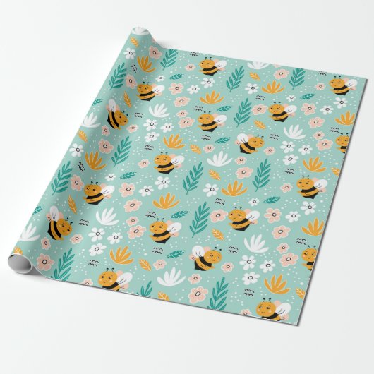 Bee bloemen bladeren cadeaupapier (Uitgerold)