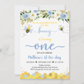 Bee Blue Gold Boy First Birthday Kaart (Voorkant)