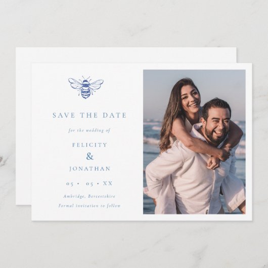  Bee Blue Minimalistische QR Code Fotobruiloft Save The Date (Voorkant / Achterkant)