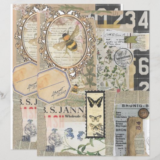 Bee Botanische Vintage Ephemera Scrapbook Papier (Voorkant / Achterkant)