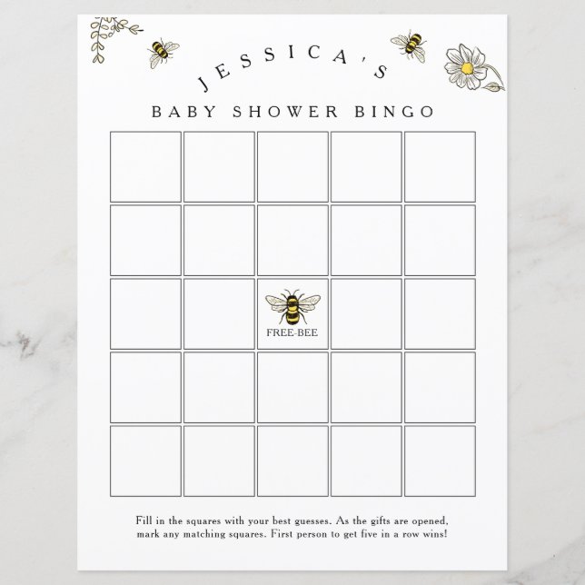 Bee Bumble Bee Baby shower Bingogame (Voorkant)