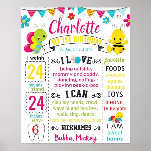 Bee Butterfly Spring Summer Birthday-teken Poster (Voorkant)