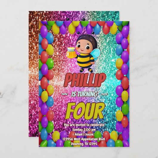 Bee Custom karakter verjaardag uitnodiging (Voorkant / Achterkant)