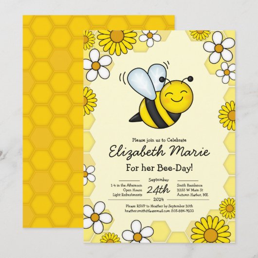 Bee Day Birthday Party Kids Kaart (Voorkant / Achterkant)