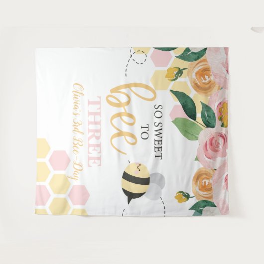 Bee Day Bumblebee Verjaardag roze bloemenbanner Wandkleed (Voorkant (horizontaal))