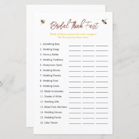 Bee "Denk snel" Vrijgezellenfeest spel (Voorkant / Achterkant)