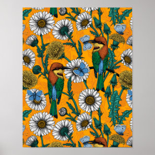 Bee-eaters, blue butterflies and daisies on oranje poster