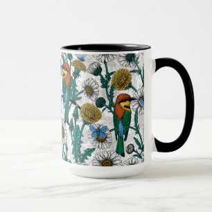 Bee-eaters, blue butterflies and daisies on white mok
