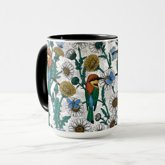 Bee-eaters, blue butterflies and daisies on white mok (Voorkant links)