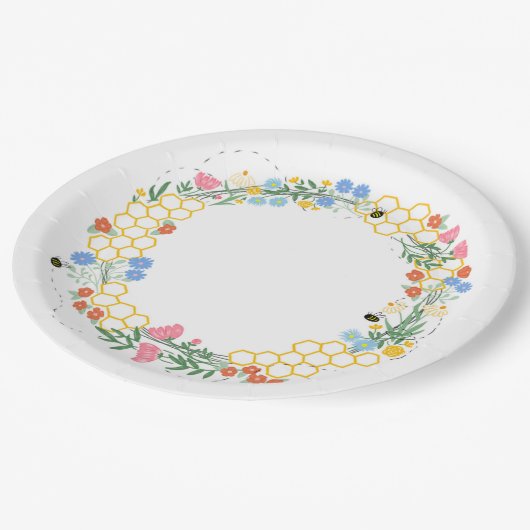 Bee en bloempartij papieren bordje (Gekanteld)