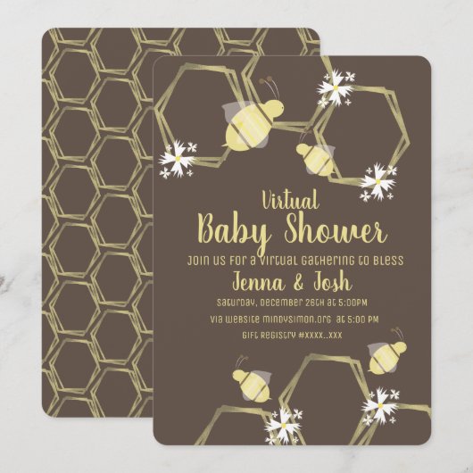 Bee en Daisy Bloem Virtuele Baby Shower Kaart (Voorkant / Achterkant)