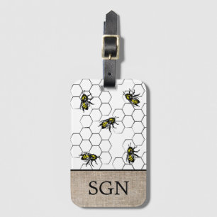 Bee en Honeycomb Faux Burlap   Monogram Bagagelabel