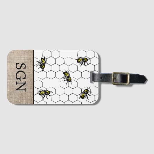 Bee en Honeycomb Faux Burlap | Monogram Bagagelabel (Voorkant (horizontaal))