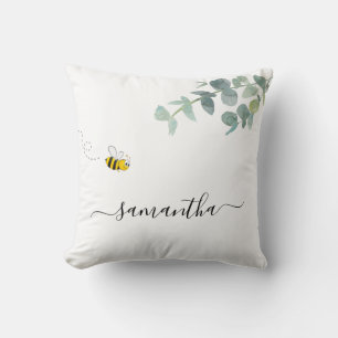 Bee eucalyptus greenery white monogram kussen