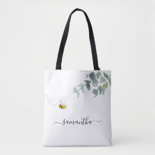Bee eucalyptus groen witte naam script schattig tote bag