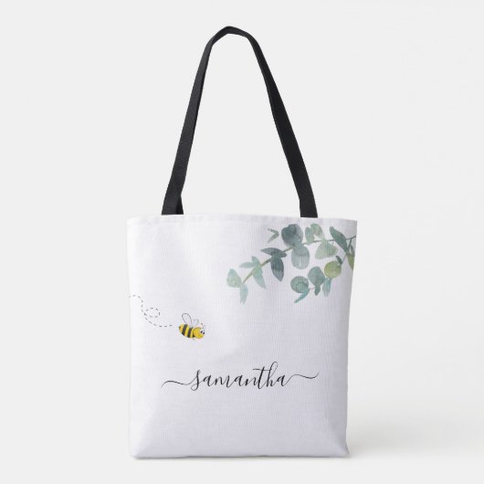 Bee eucalyptus groen witte naam script schattig tote bag (Achterkant)