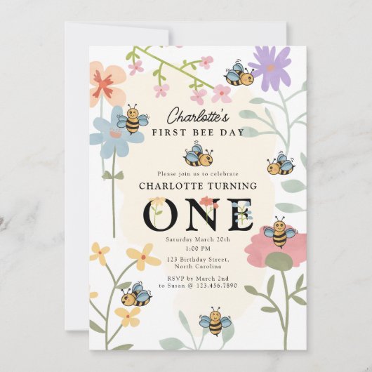 Bee First 1st Birthday Schattige Bee Day Party Kaart (Voorkant)