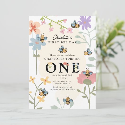 Bee First 1st Birthday Schattige Bee Day Party Kaart (Staand voorkant)
