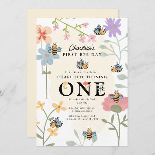Bee First 1st Birthday Schattige Bee Day Party Kaart (Voorkant / Achterkant)